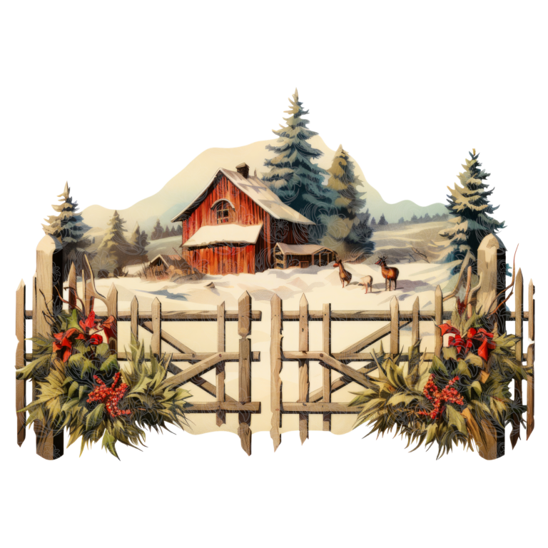Farm christmas scene showing red barn deer pine trees and snowy fence with holiday greenery Grey Barn Handwerk Saskatchewan
